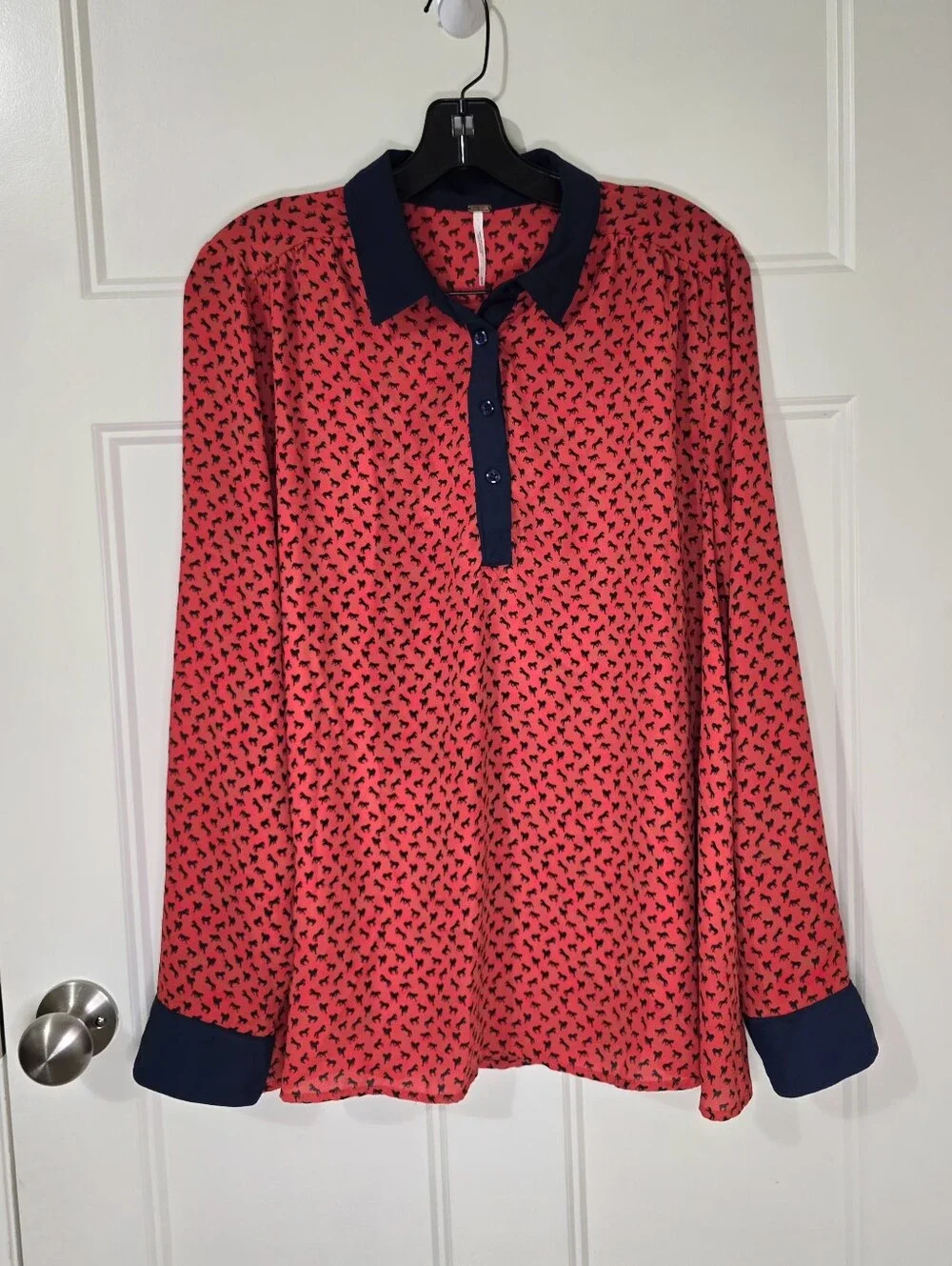 Free People Red Navy Equestrian Horse Print Oversized Blouse Shirt Womens Medium